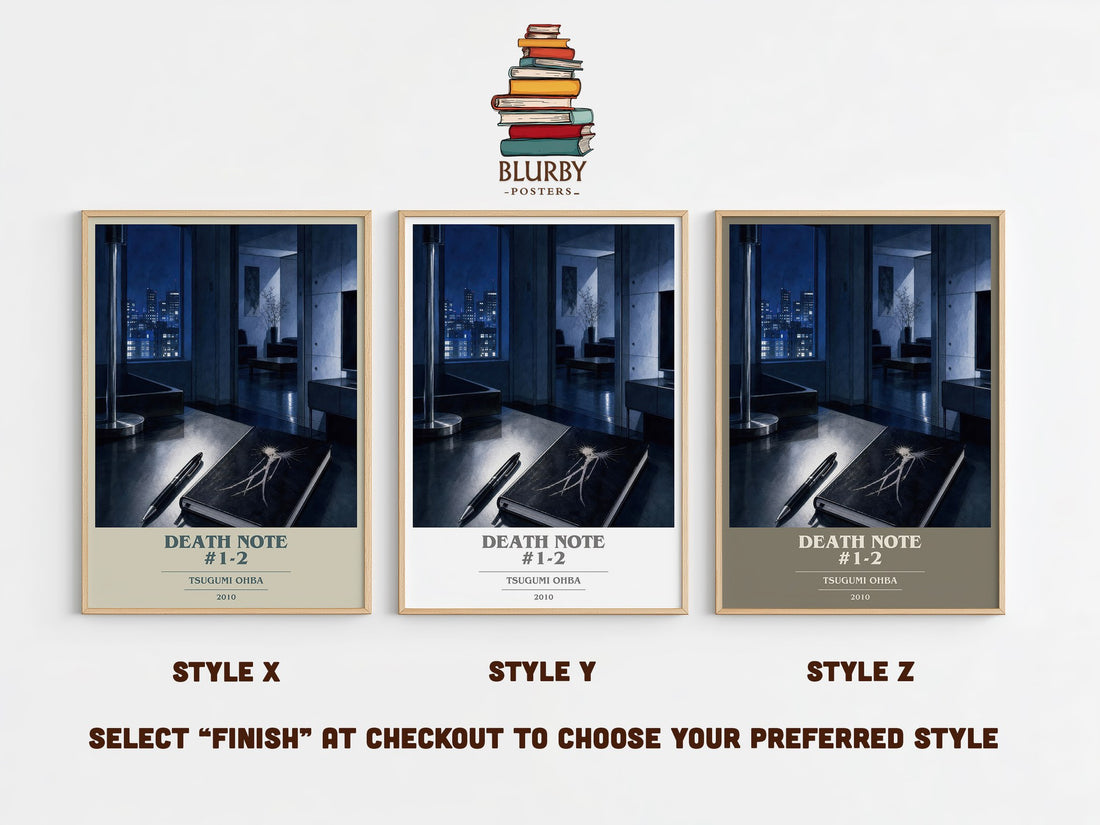 Death Note #1-2 book cover print in frame leaning in hallway – thriller wall art (mockup)