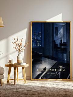 Death Note #1-2 watercolour print in frame leaning in hallway – thriller wall art