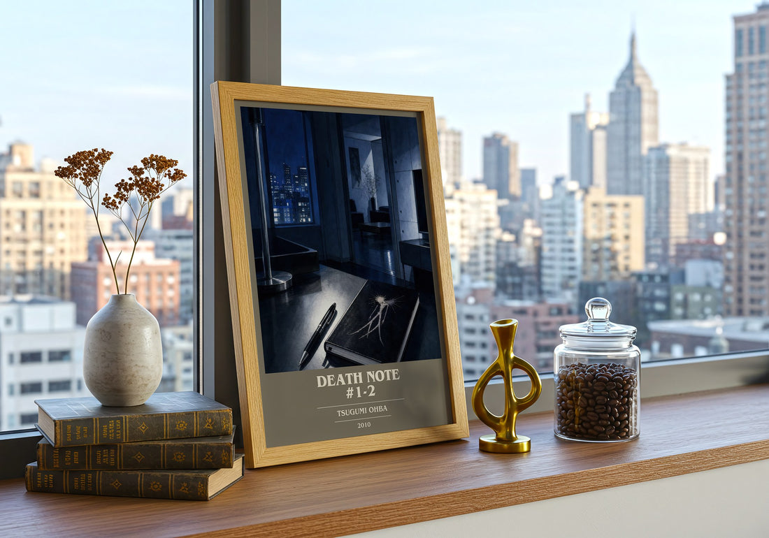 Death Note #1-2 book cover print framed by window – literary home decor