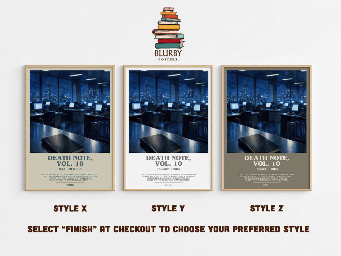 Death Note, Vol. 10 bookish print in frame leaning in hallway – thriller wall art (mockup)