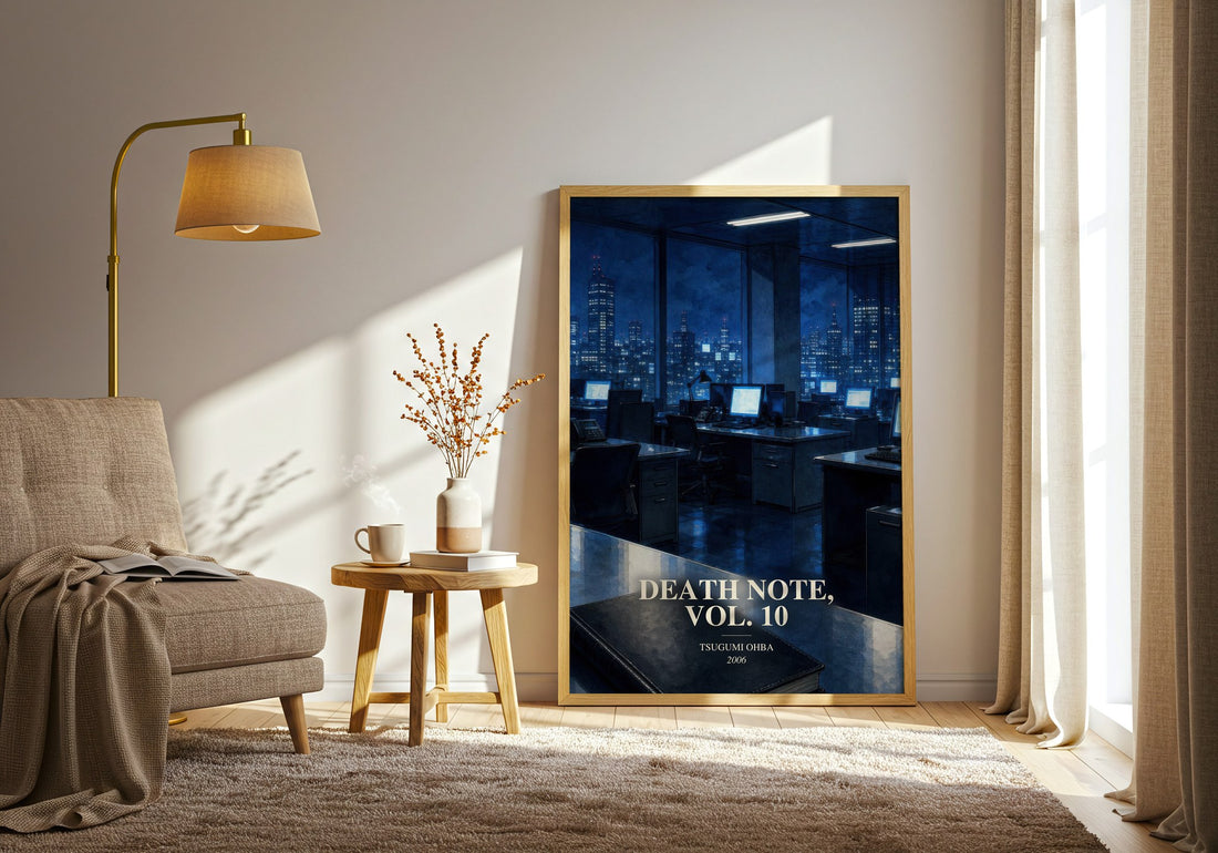 Death Note, Vol. 10 watercolour print in frame leaning in hallway – thriller wall art