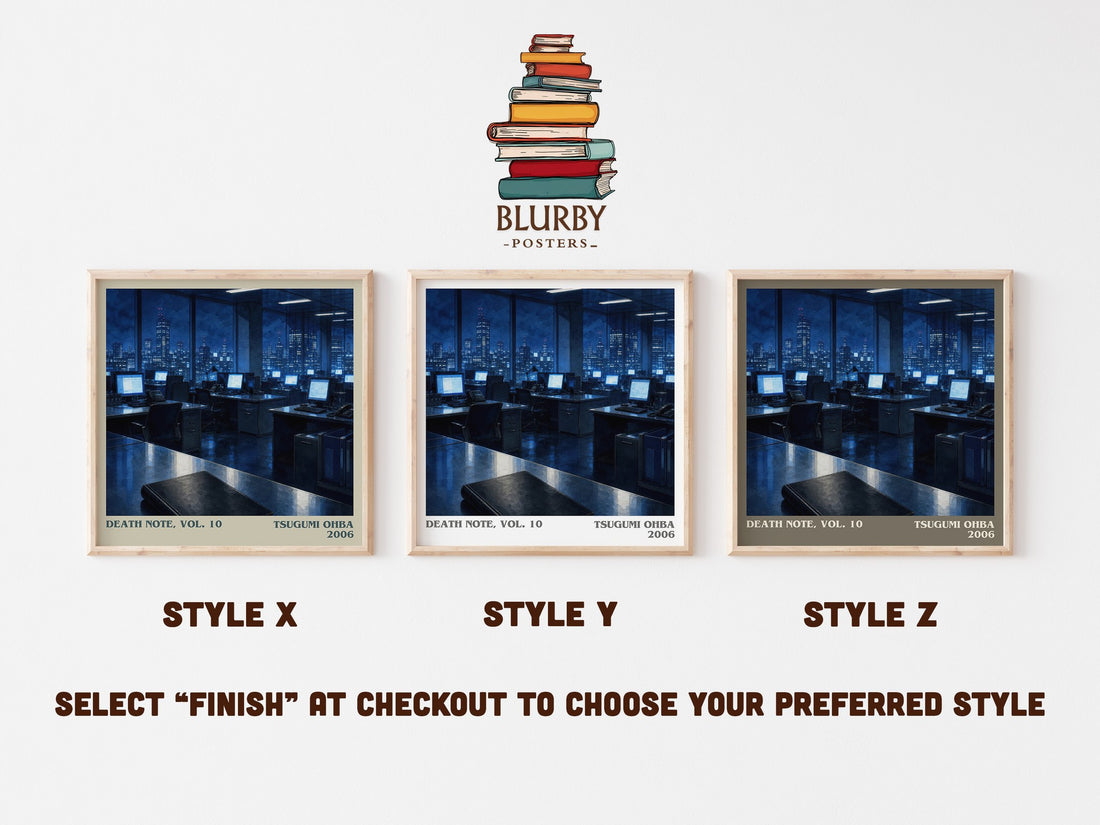 Death Note, Vol. 10 literary print in frame leaning in hallway – thriller wall art (mockup)