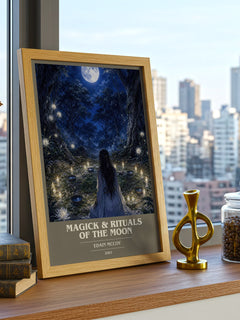 Magick & rituals of the moon book cover print framed by window – literary home decor