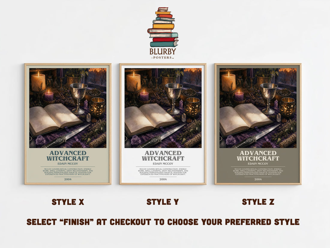 Advanced Witchcraft bookish print in frame leaning in hallway – non fiction wall art (mockup)