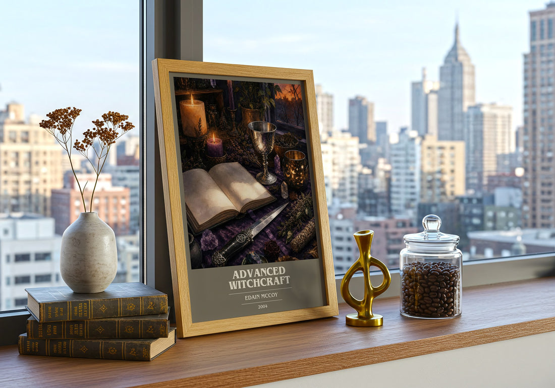 Advanced Witchcraft book cover print framed by window – literary home decor