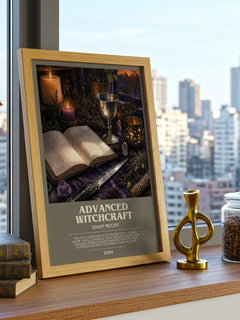 Advanced Witchcraft Bookish Wall Art by Edain McCoy – framed print on a city-view windowsill