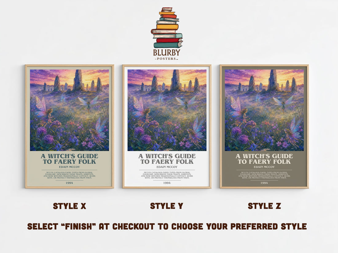A witch's guide to faery folk bookish print in frame leaning in hallway – non fiction wall art (mockup)