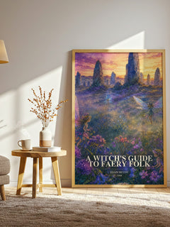 A witch's guide to faery folk watercolour print in frame leaning in hallway – non fiction wall art