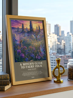 A witch's guide to faery folk bookish print framed by window – literary home decor