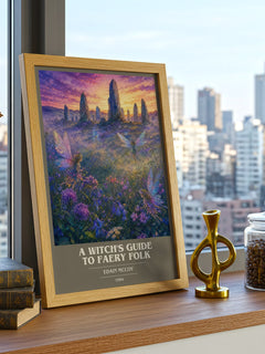 A witch's guide to faery folk book cover print framed by window – literary home decor