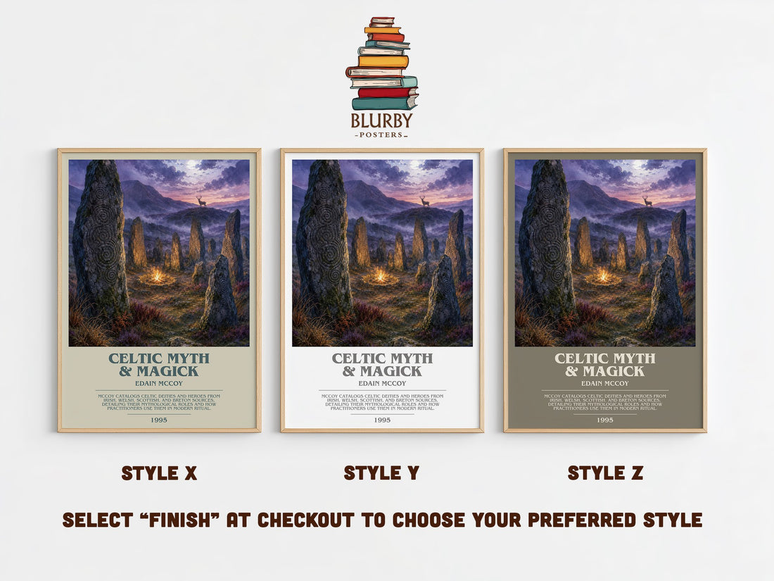 Celtic Myth & Magick bookish print in frame leaning in hallway – non fiction wall art (mockup)
