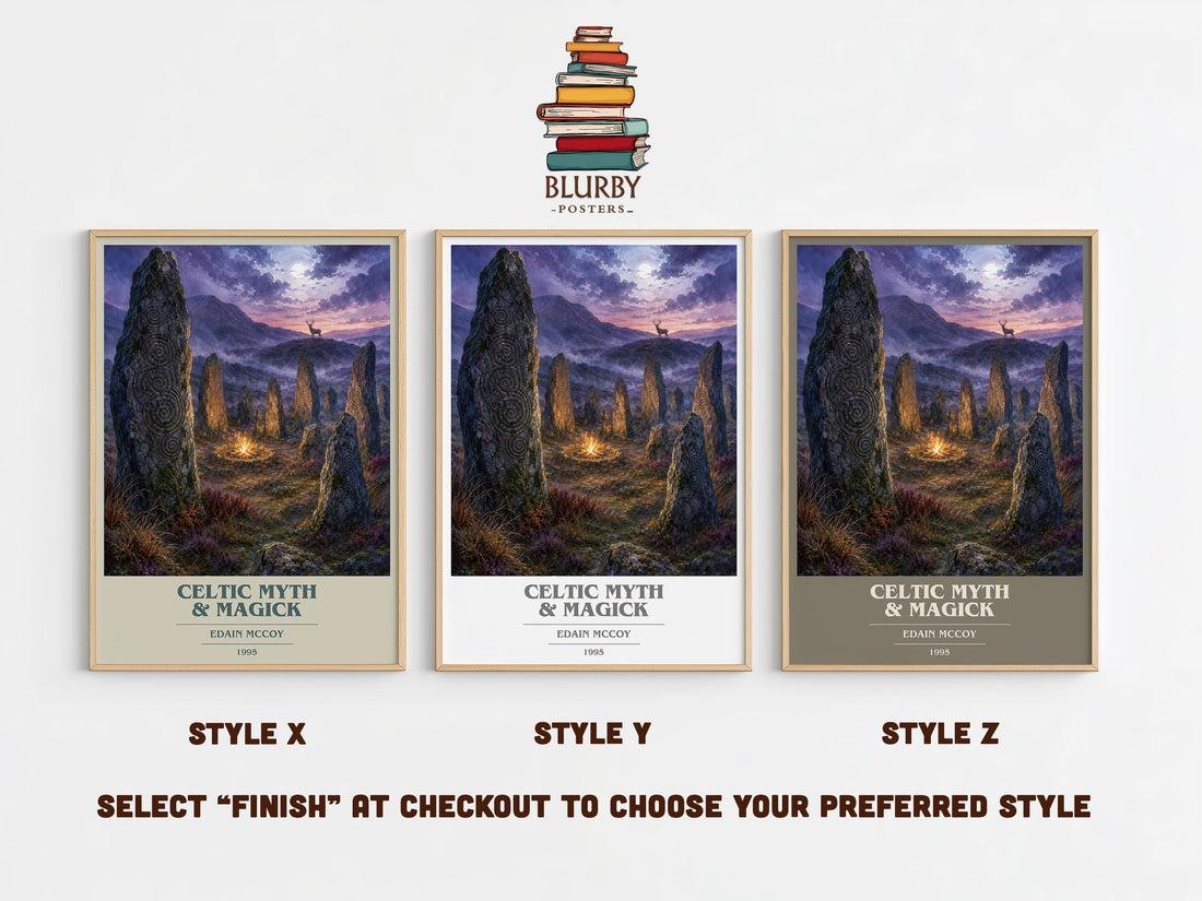 Celtic Myth & Magick book cover print in frame leaning in hallway – non fiction wall art (mockup)