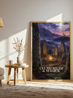 Celtic Myth & Magick watercolour print in frame leaning in hallway – non fiction wall art