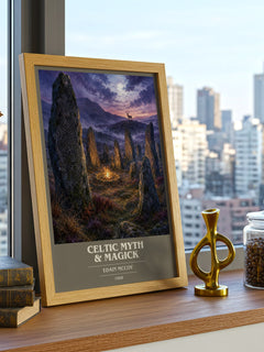 Celtic Myth & Magick book cover print framed by window – literary home decor