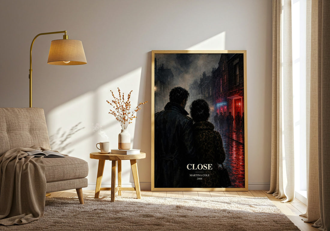 Close watercolour print in frame leaning in hallway – crime wall art