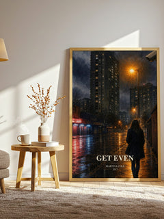 Get Even watercolour print in frame leaning in hallway – crime wall art