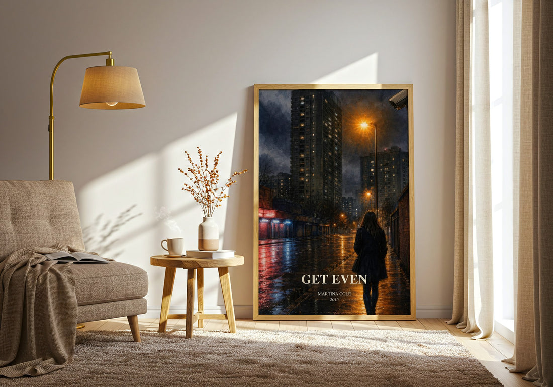 Get Even watercolour print in frame leaning in hallway – crime wall art