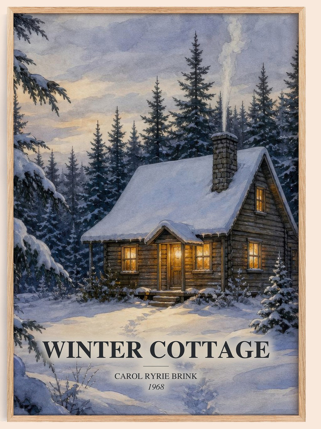 Winter Cottage watercolour book poster by Carol Ryrie Brink – framed literary art print