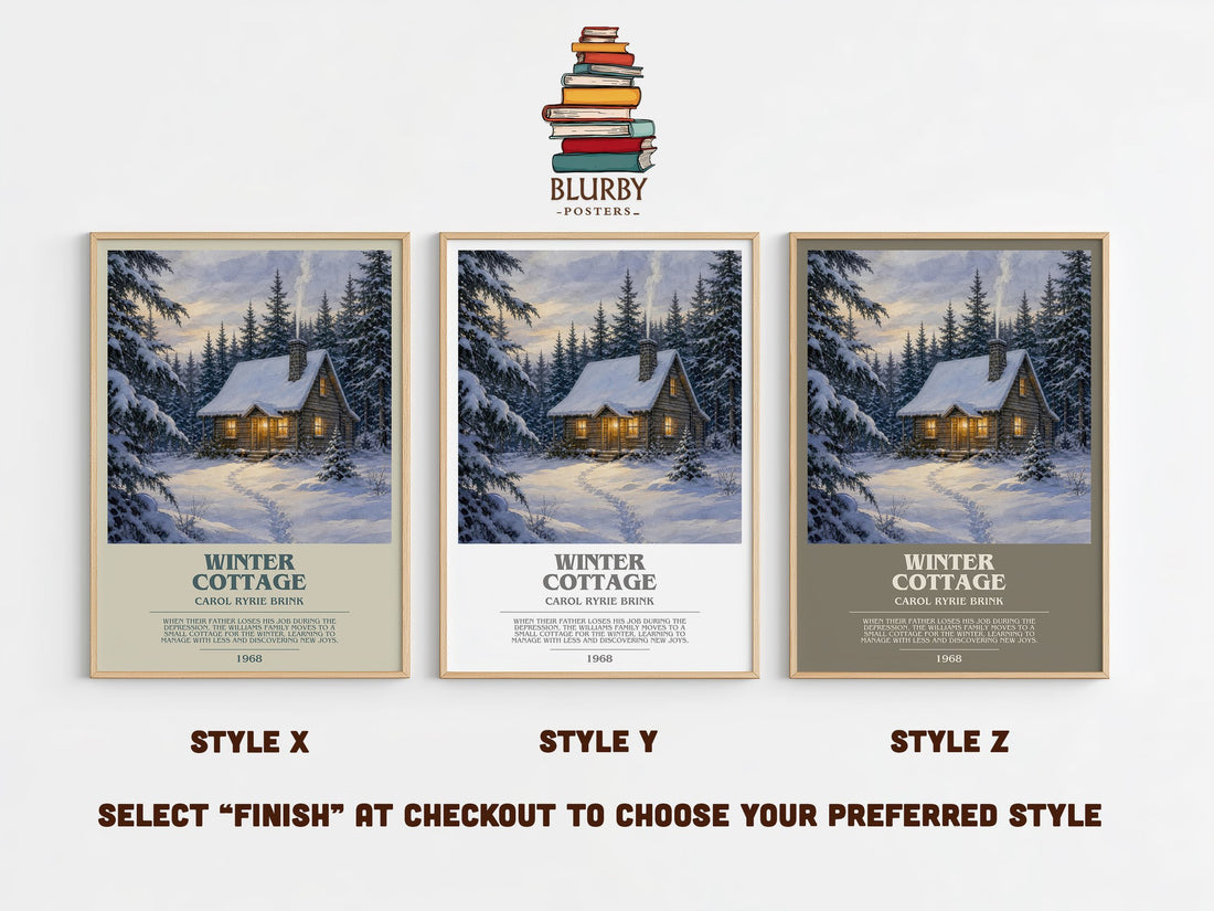 Winter Cottage bookish print in frame leaning in hallway – childrens wall art (mockup)