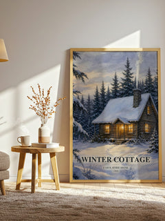 Winter Cottage watercolour print in frame leaning in hallway – childrens wall art