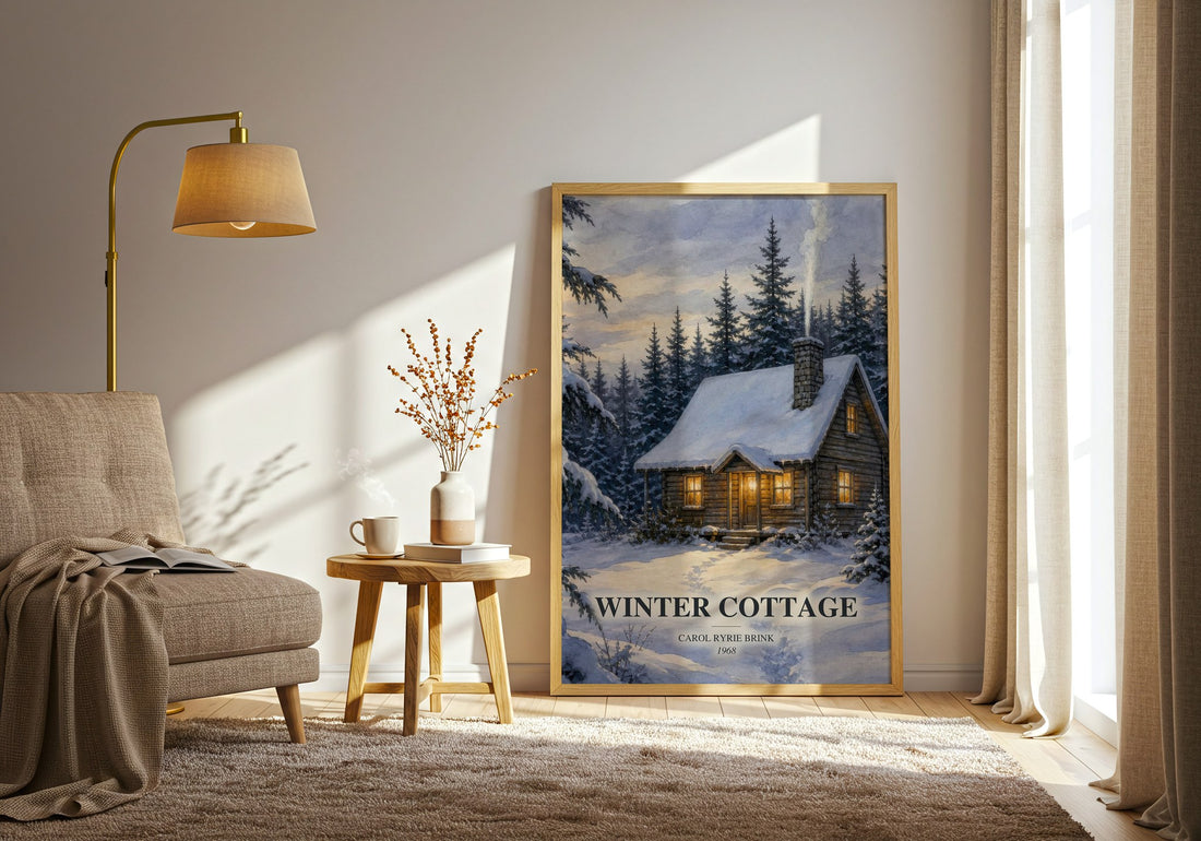 Winter Cottage watercolour print in frame leaning in hallway – childrens wall art