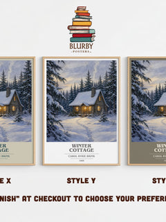 Winter Cottage book cover print in frame leaning in hallway – childrens wall art
