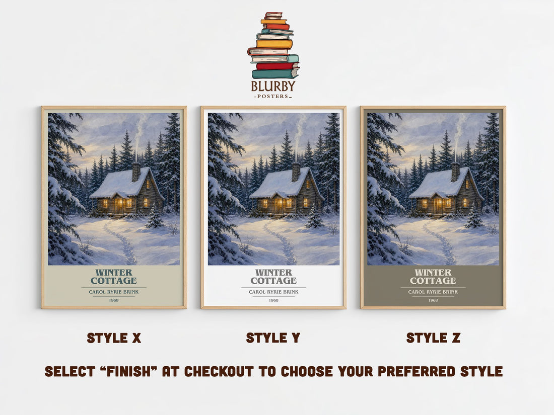 Winter Cottage book cover print in frame leaning in hallway – childrens wall art (mockup)