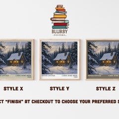 Winter Cottage literary print in frame leaning in hallway – childrens wall art