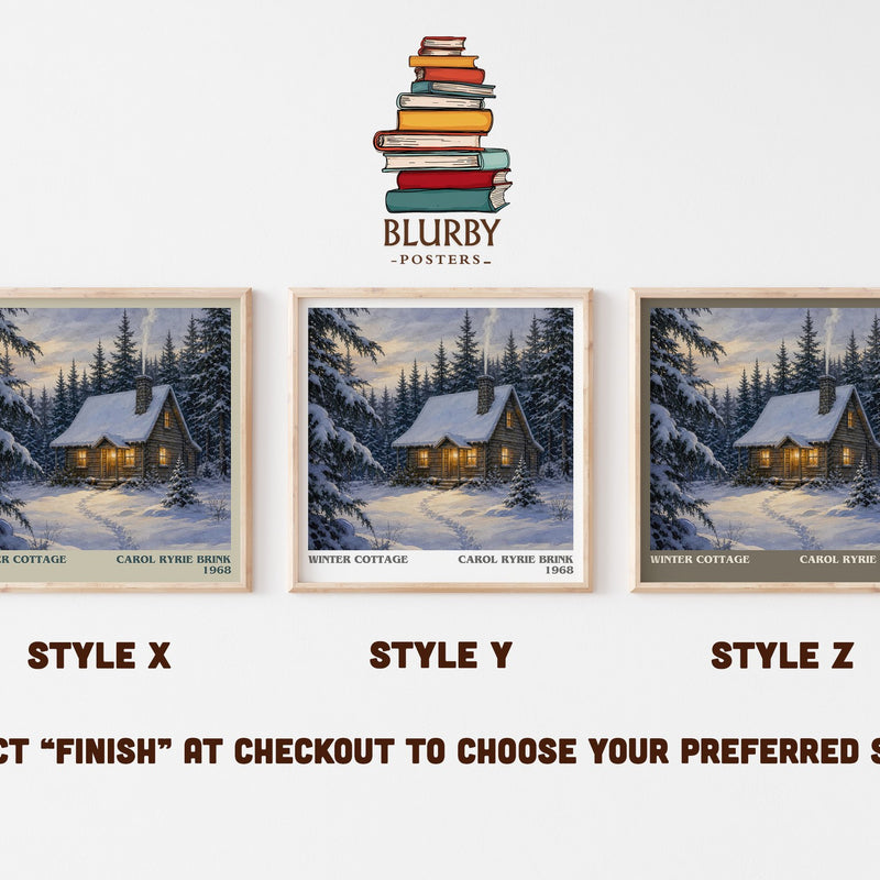 Winter Cottage literary print in frame leaning in hallway – childrens wall art