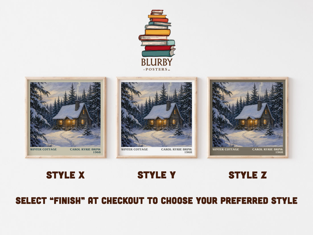Winter Cottage literary print in frame leaning in hallway – childrens wall art (mockup)