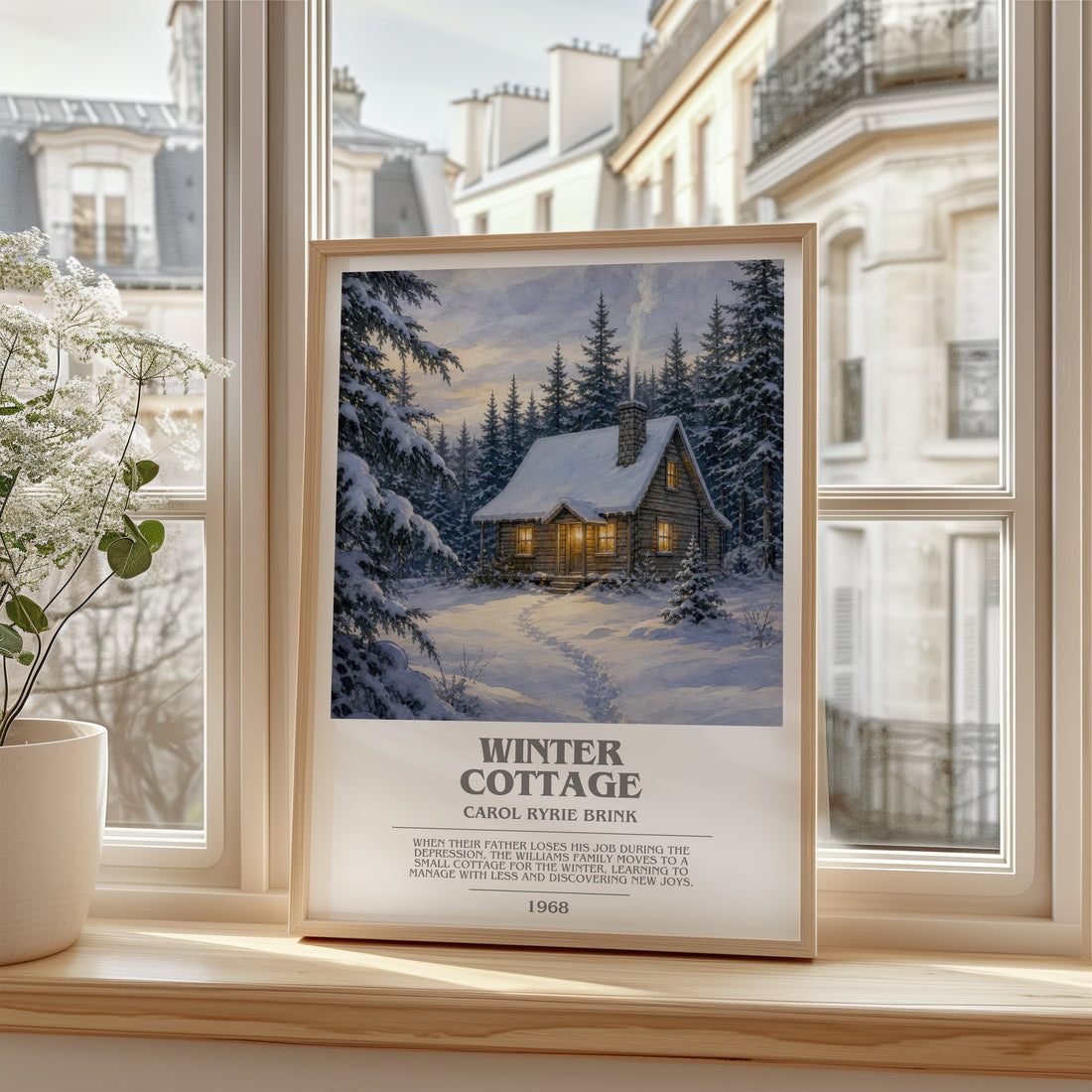 Winter Cottage bookish poster colour and style options – Carol Ryrie Brink book art
