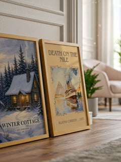 Winter Cottage watercolour print framed by window – literary home decor