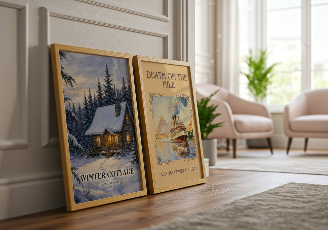 Winter Cottage watercolour print framed by window – literary home decor