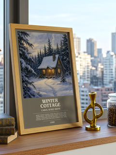 Winter Cottage bookish print framed by window – literary home decor