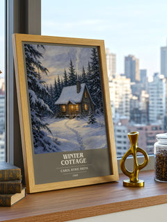 Winter Cottage book cover print framed by window – literary home decor