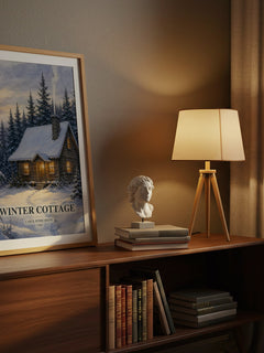 Winter Cottage watercolour print on bookshelf – Carol Ryrie Brink fan gift