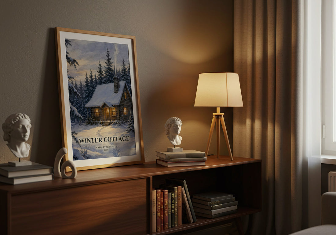 Winter Cottage watercolour print on bookshelf – Carol Ryrie Brink fan gift