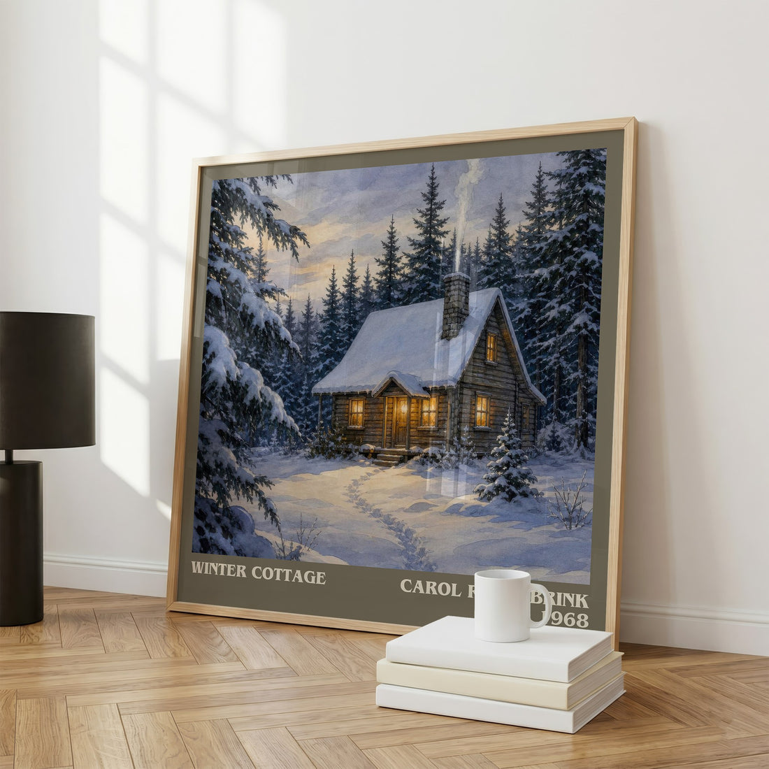 Winter Cottage literary print framed by window – literary home decor