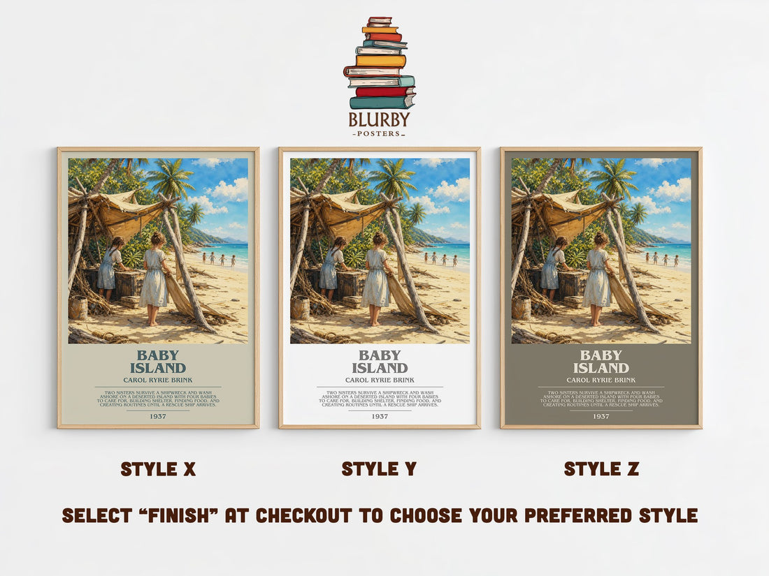 Baby Island bookish print in frame leaning in hallway – childrens wall art (mockup)
