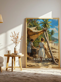 Baby Island watercolour print in frame leaning in hallway – childrens wall art