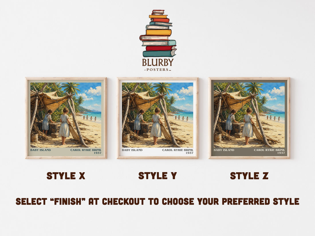 Baby Island literary print in frame leaning in hallway – childrens wall art (mockup)