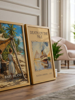 Baby Island watercolour print framed by window – literary home decor