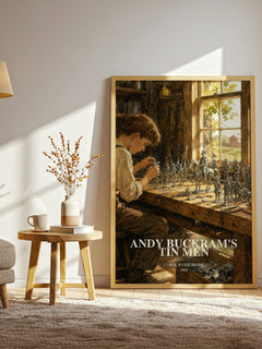 Andy Buckram's Tin Men watercolour print in frame leaning in hallway – childrens wall art