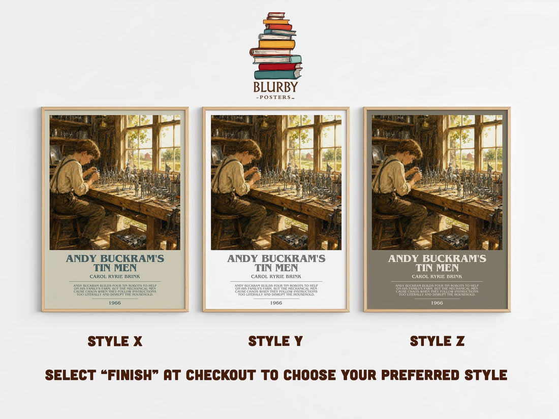 Andy Buckram's Tin Men bookish print in frame leaning in hallway – childrens wall art (mockup)