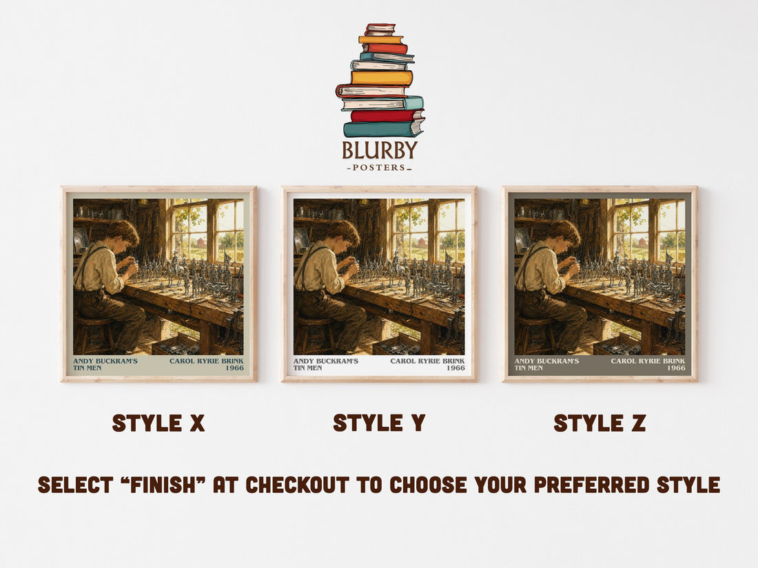 Andy Buckram's Tin Men literary print in frame leaning in hallway – childrens wall art (mockup)