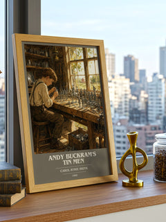 Andy Buckram's Tin Men book cover print framed by window – literary home decor