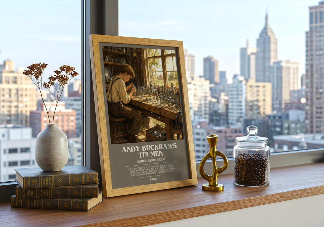 Andy Buckram's Tin Men bookish print framed by window – literary home decor