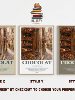 Chocolat bookish print in frame leaning in hallway – contemporary fiction wall art