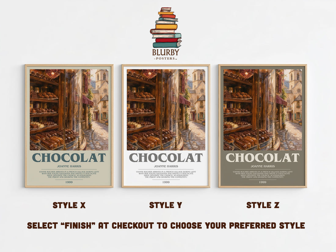 Chocolat bookish print in frame leaning in hallway – contemporary fiction wall art (mockup)