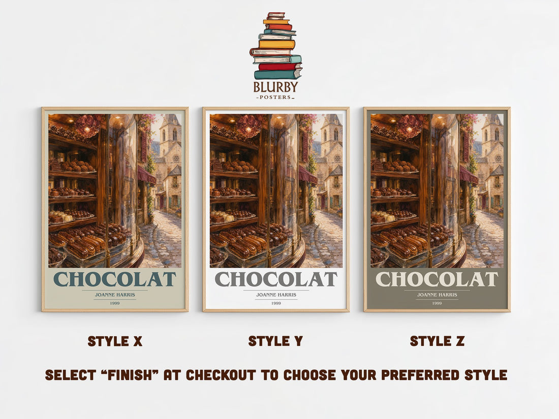Chocolat book cover print in frame leaning in hallway – contemporary fiction wall art (mockup)